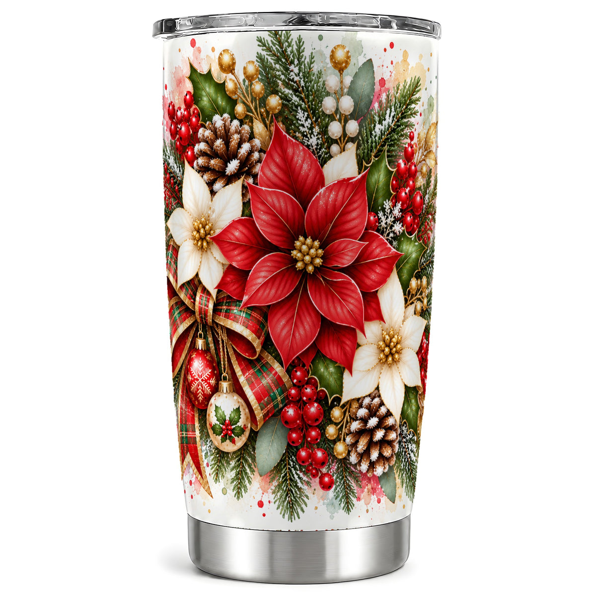 Christmas Poinsettia Tumbler 20oz, Plaid Bow Stainless Steel Travel Cup