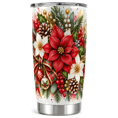 Christmas Poinsettia Tumbler 20oz, Plaid Bow Stainless Steel Travel Cup