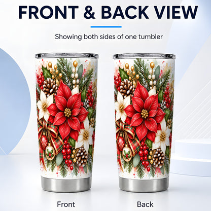 #pl[20oz|Steel] Christmas Poinsettia Tumbler 20oz, Plaid Bow Stainless Steel Travel Cup
