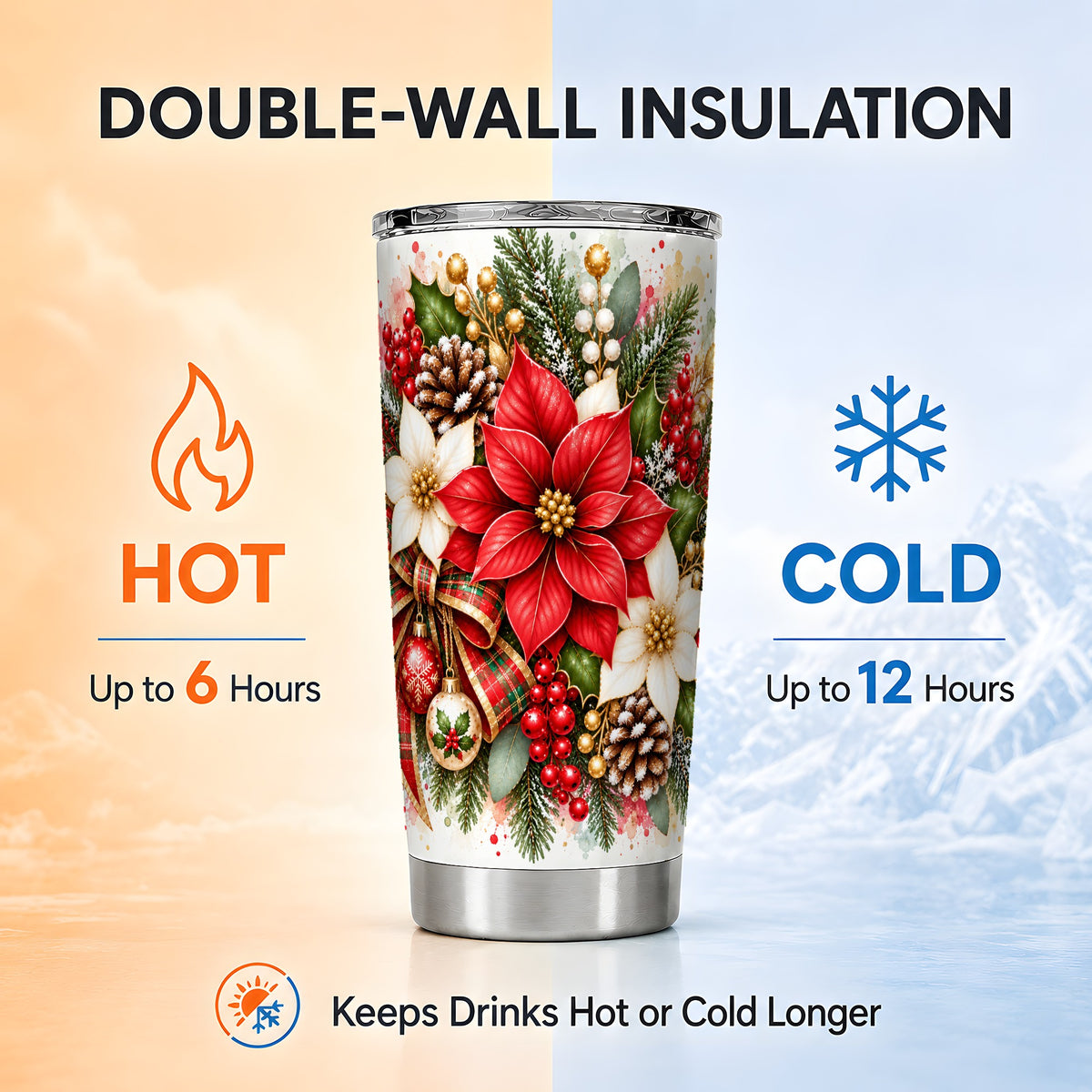 Christmas Poinsettia Tumbler 20oz, Plaid Bow Stainless Steel Travel Cup