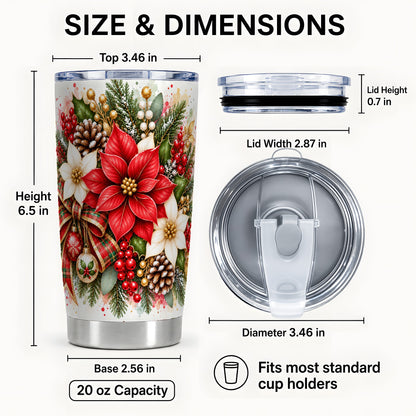 #pl[20oz|Steel] Christmas Poinsettia Tumbler 20oz, Plaid Bow Stainless Steel Travel Cup
