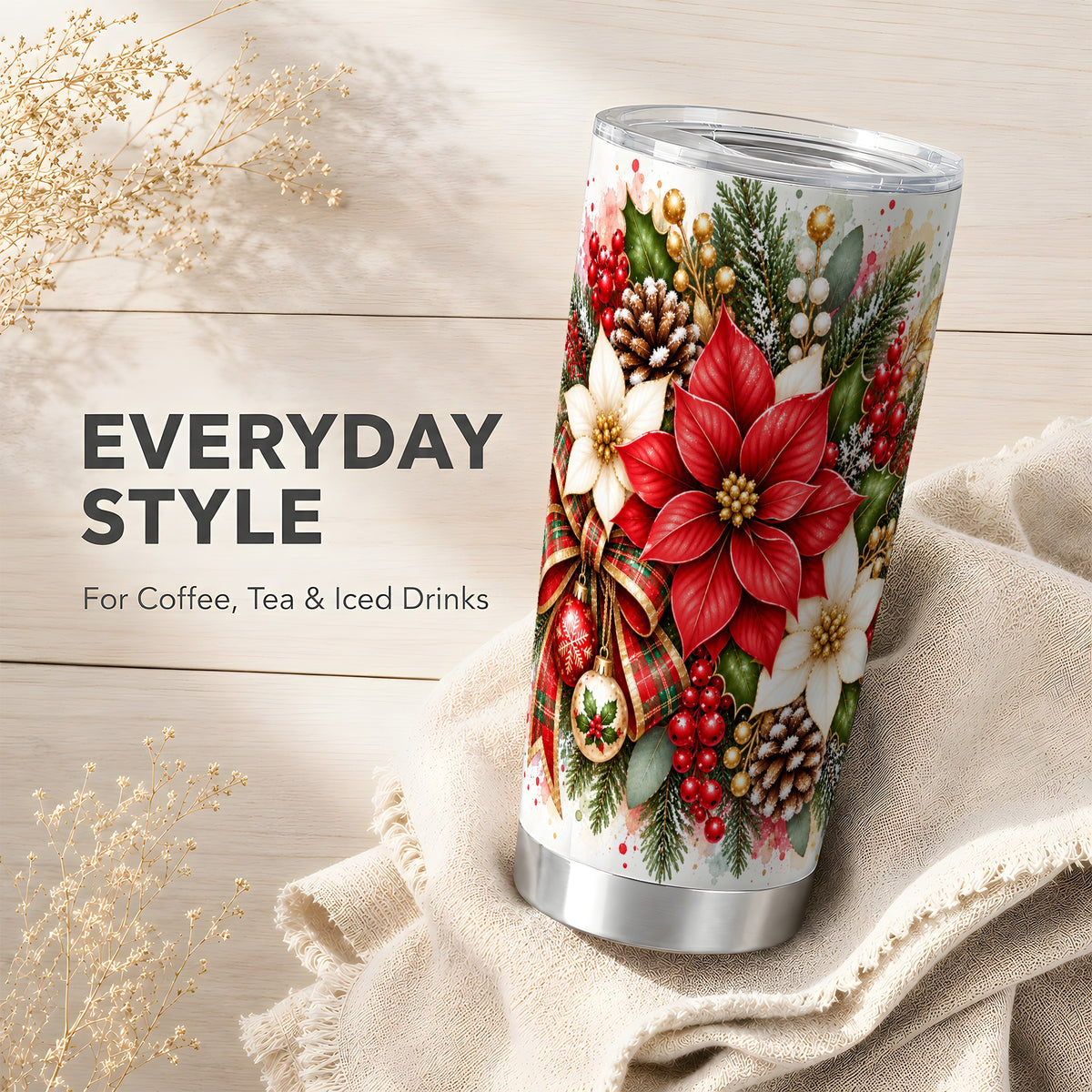 Christmas Poinsettia Tumbler 20oz, Plaid Bow Stainless Steel Travel Cup