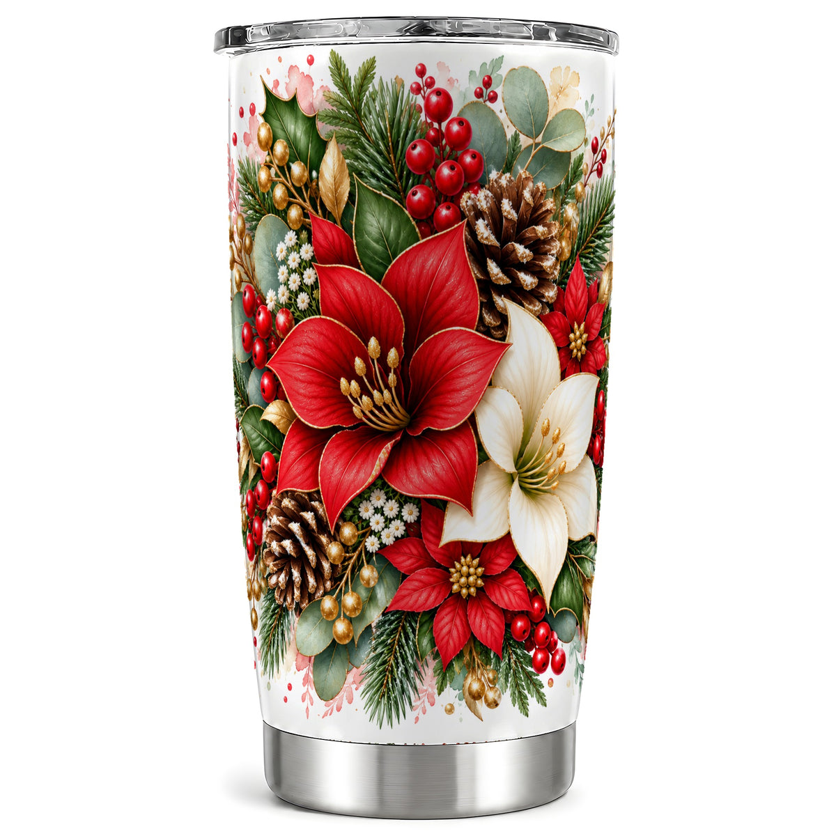 Christmas Poinsettia Tumbler 20oz, Red White Stainless Steel Travel Cup