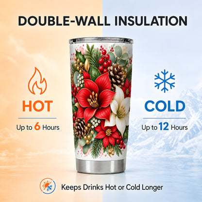 Christmas Poinsettia Tumbler 20oz, Red White Stainless Steel Travel Cup