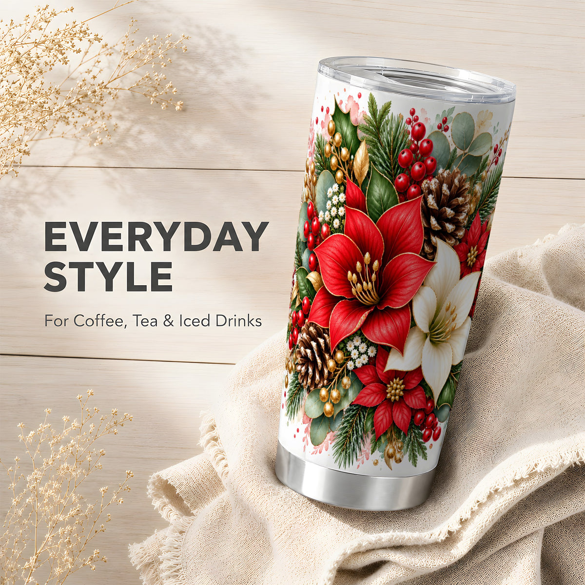 Christmas Poinsettia Tumbler 20oz, Red White Stainless Steel Travel Cup