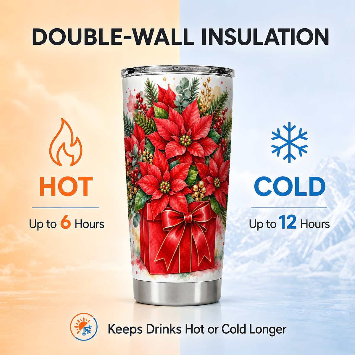 Poinsettia Bouquet Tumbler 20oz, Floral Stainless Steel Travel Cup