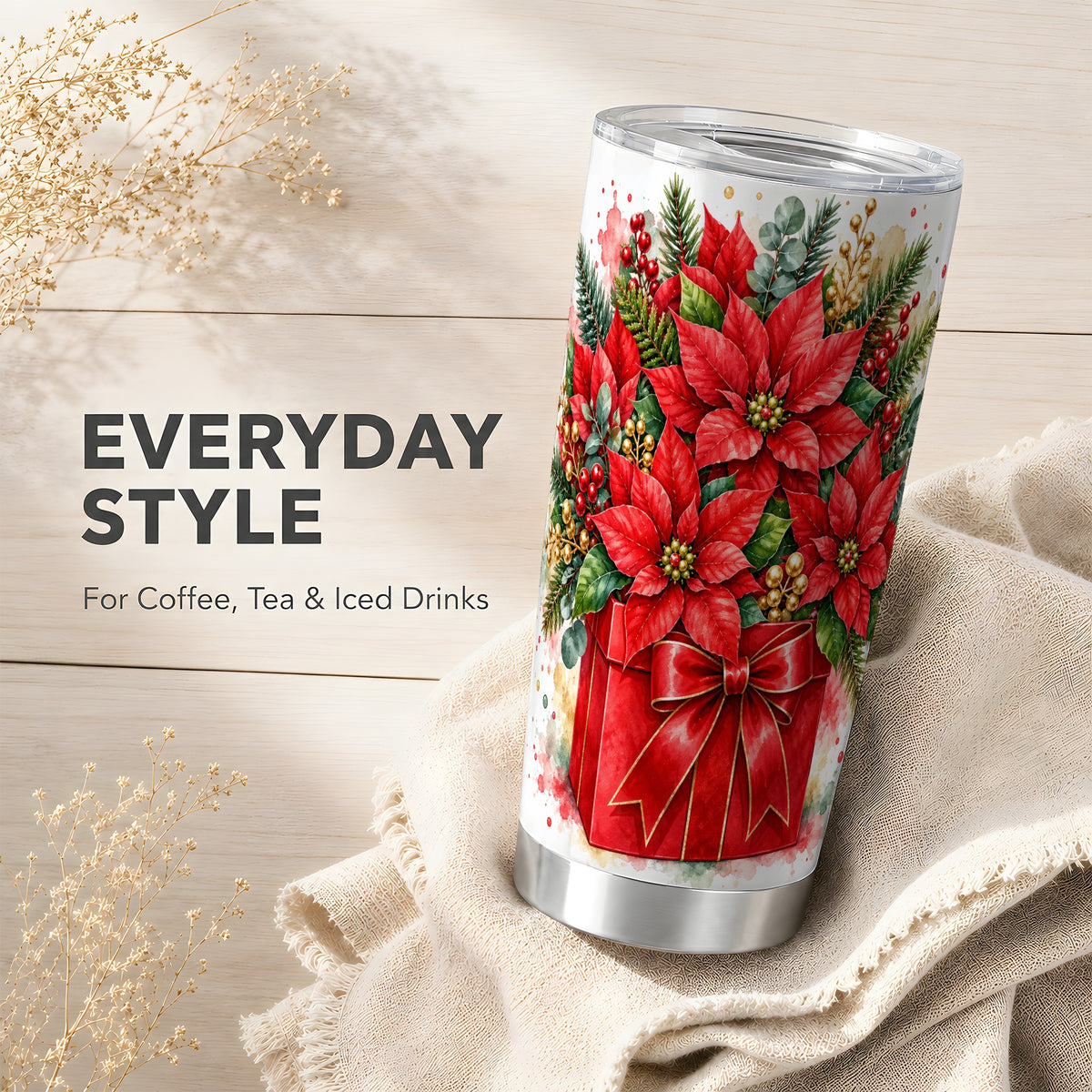 Poinsettia Bouquet Tumbler 20oz, Floral Stainless Steel Travel Cup