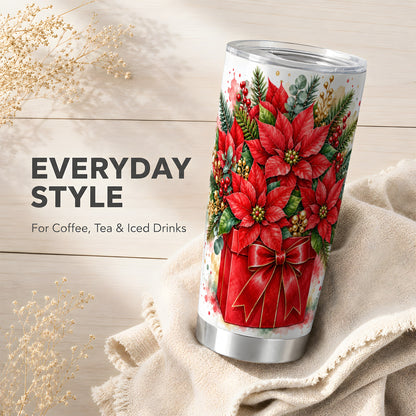 Poinsettia Bouquet Tumbler 20oz, Floral Stainless Steel Travel Cup