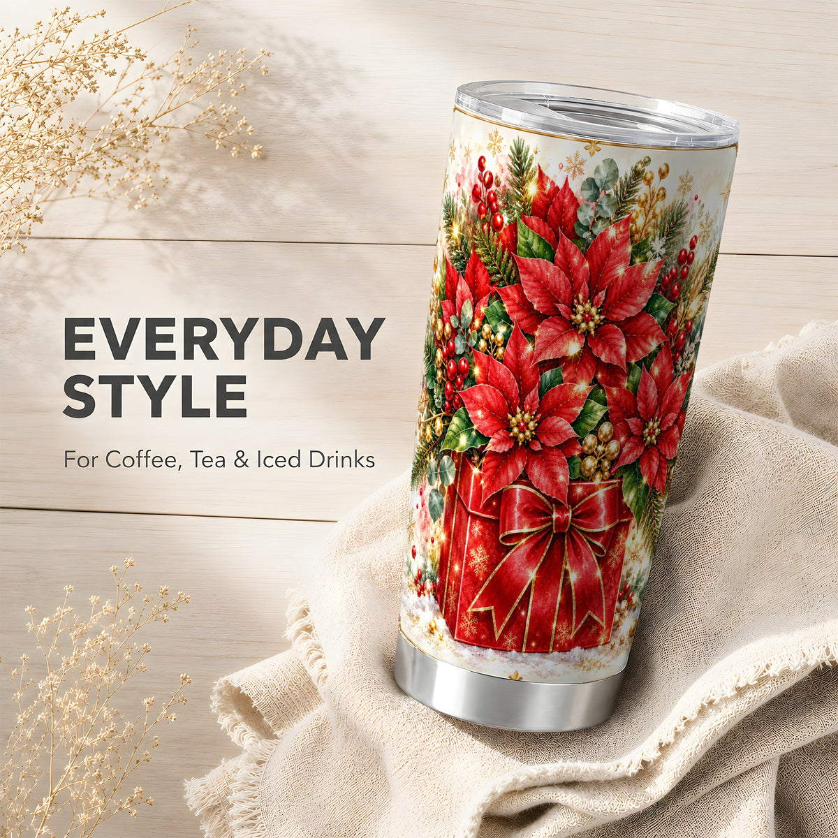 Christmas Poinsettia Tumbler 20oz, Floral Stainless Steel Travel Cup