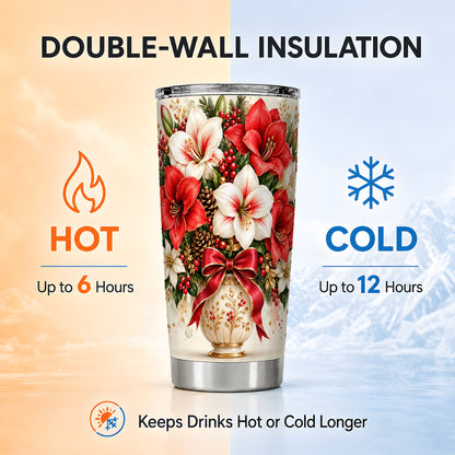 Christmas Amaryllis Tumbler 20oz, Floral Stainless Steel Travel Cup
