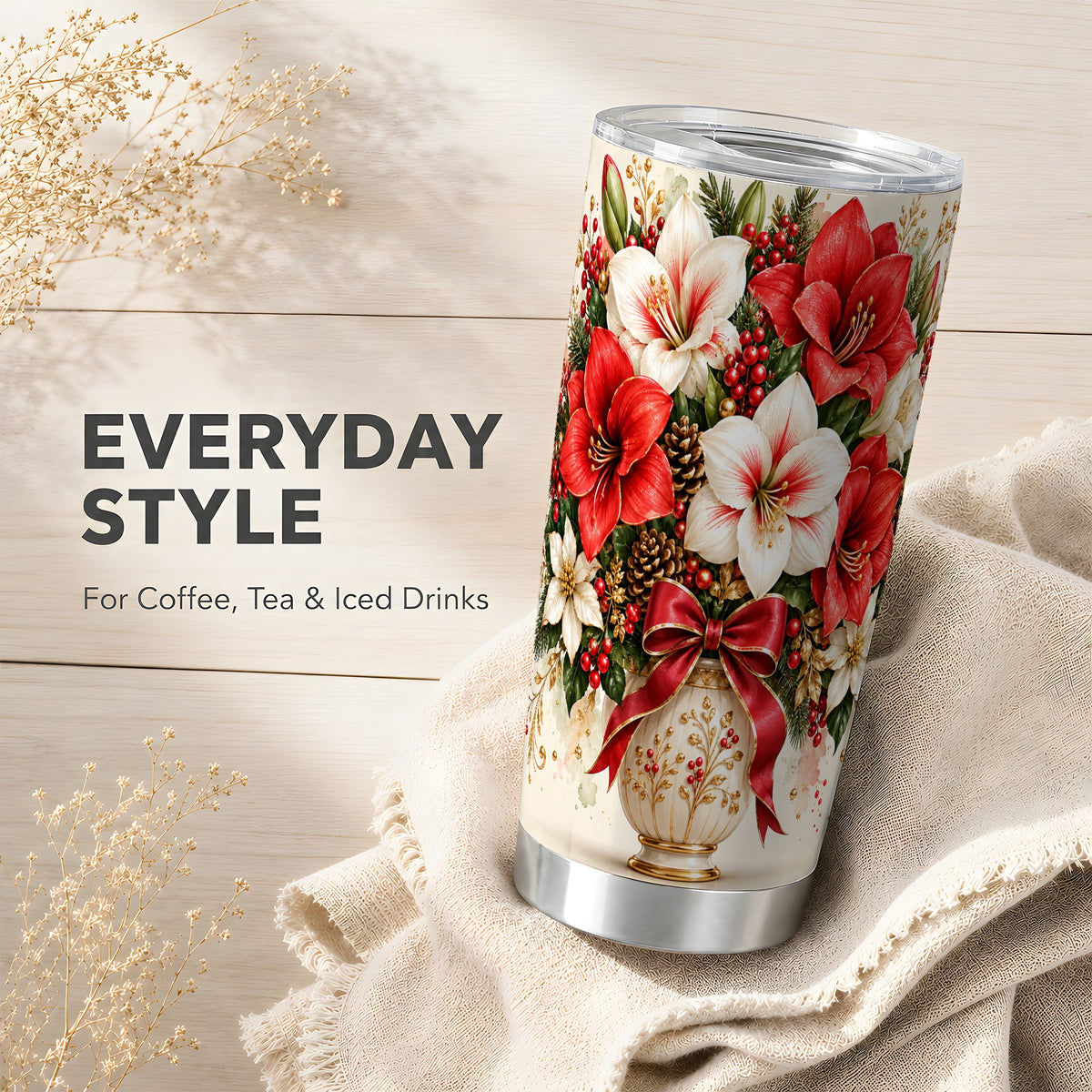 Christmas Amaryllis Tumbler 20oz, Floral Stainless Steel Travel Cup