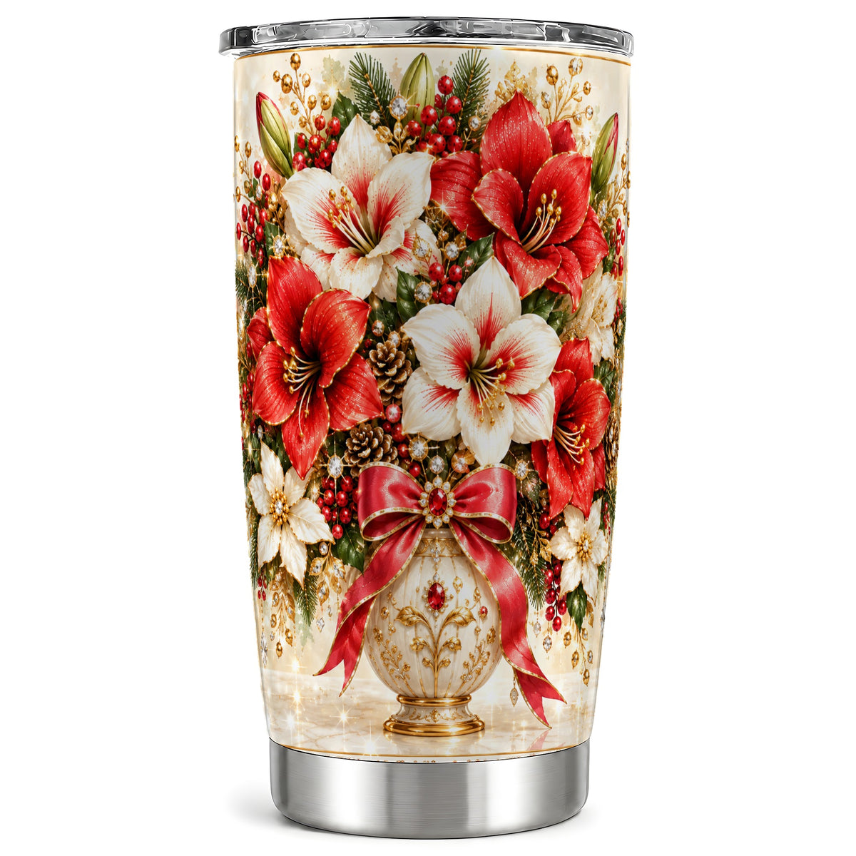Jeweled Amaryllis Tumbler 20oz, Christmas Stainless Steel Travel Cup