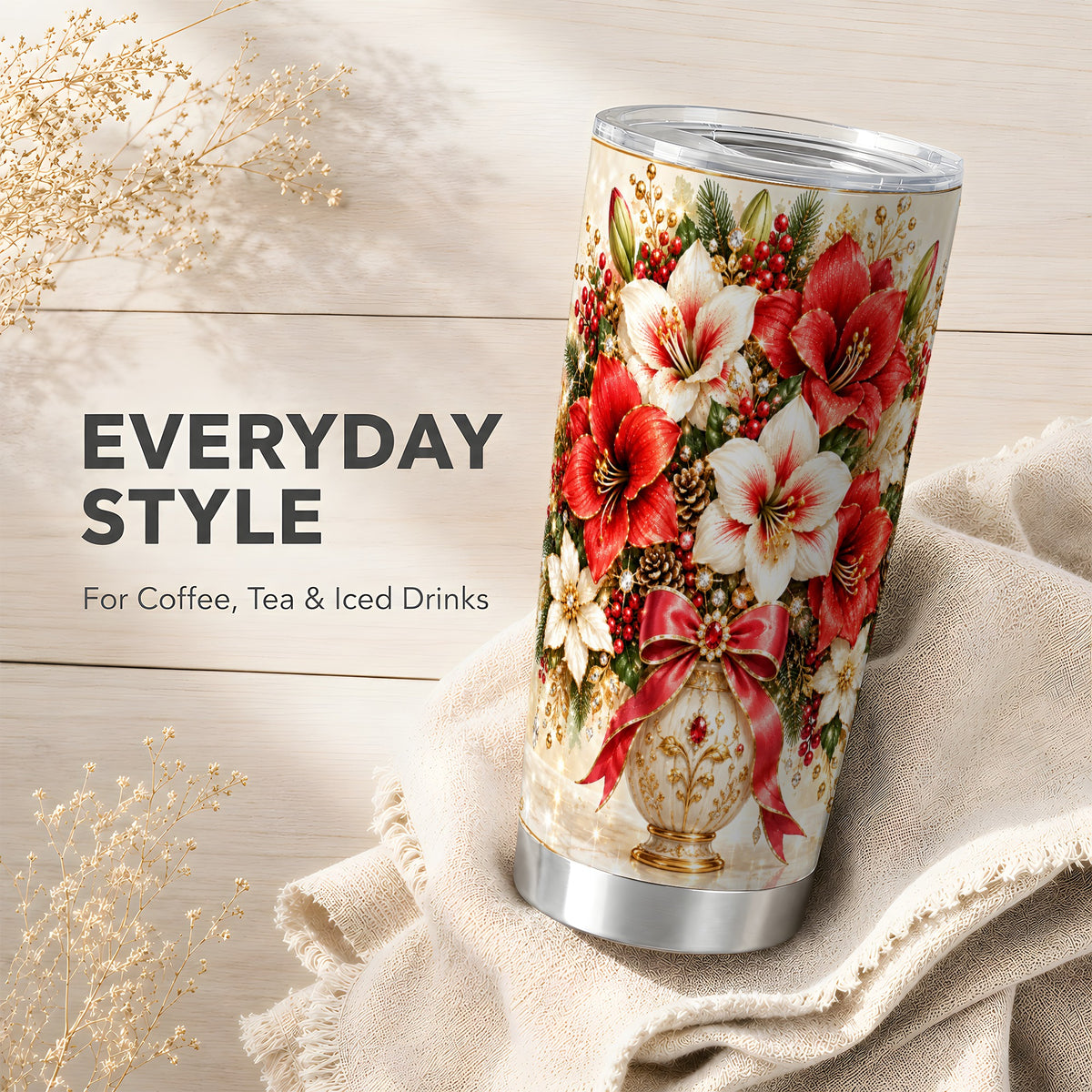 Jeweled Amaryllis Tumbler 20oz, Christmas Stainless Steel Travel Cup