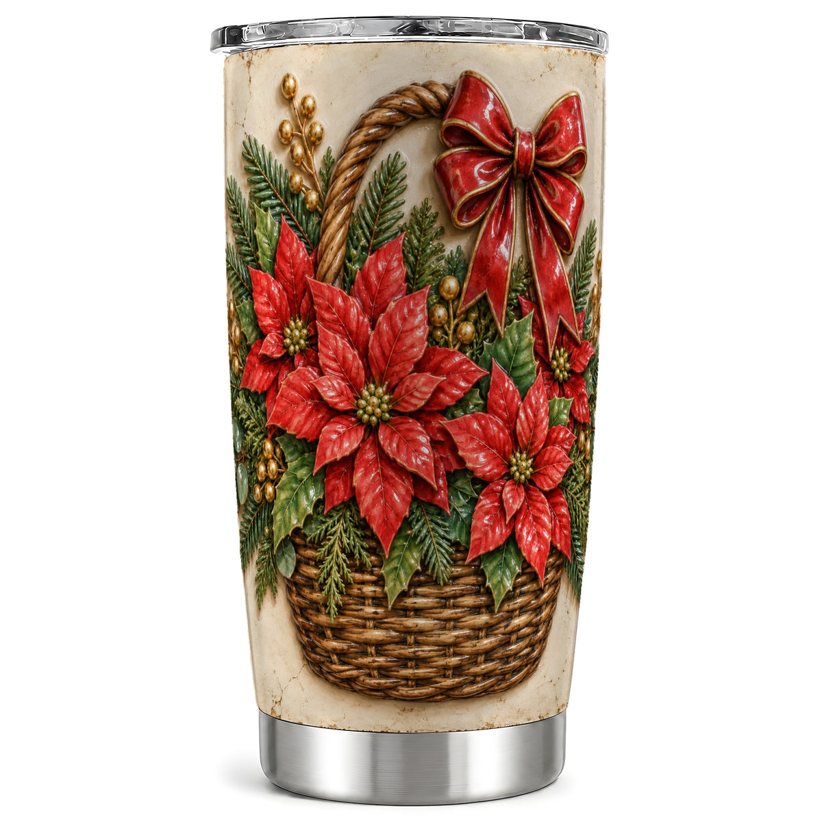 Poinsettia Basket Tumbler 20oz, Christmas Stainless Steel Travel Cup