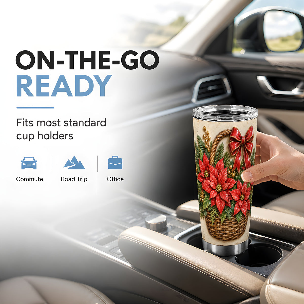 Poinsettia Basket Tumbler 20oz, Christmas Stainless Steel Travel Cup