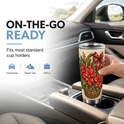 Poinsettia Basket Tumbler 20oz, Christmas Stainless Steel Travel Cup