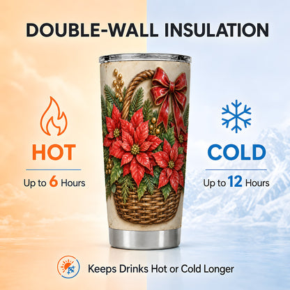 Poinsettia Basket Tumbler 20oz, Christmas Stainless Steel Travel Cup