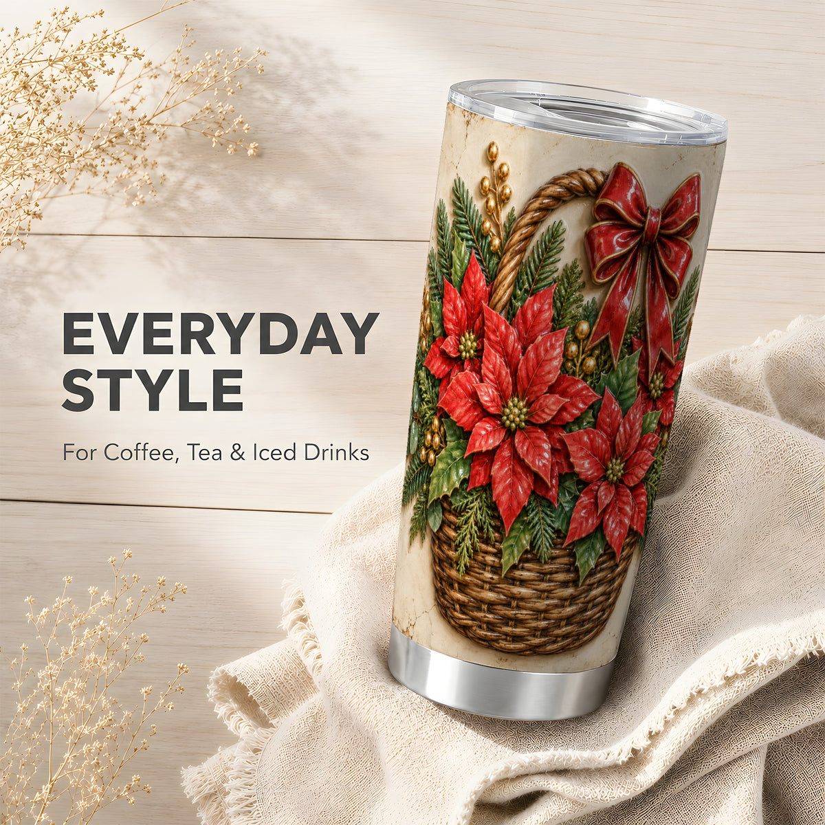 Poinsettia Basket Tumbler 20oz, Christmas Stainless Steel Travel Cup