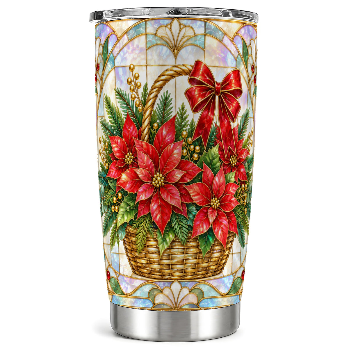 Stained Glass Poinsettia Tumbler 20oz, Floral Stainless Steel Travel Cup