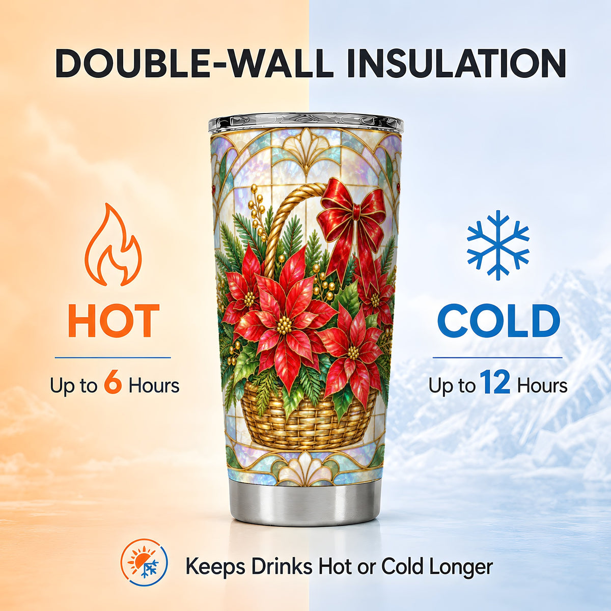 Stained Glass Poinsettia Tumbler 20oz, Floral Stainless Steel Travel Cup