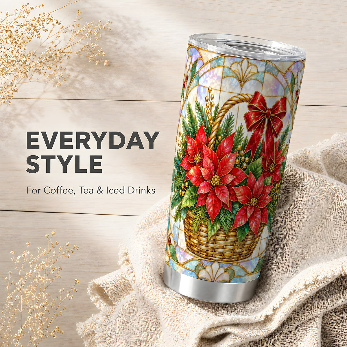 Stained Glass Poinsettia Tumbler 20oz, Floral Stainless Steel Travel Cup