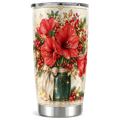 Christmas Amaryllis Tumbler 20oz, Red Floral Stainless Steel Travel Cup