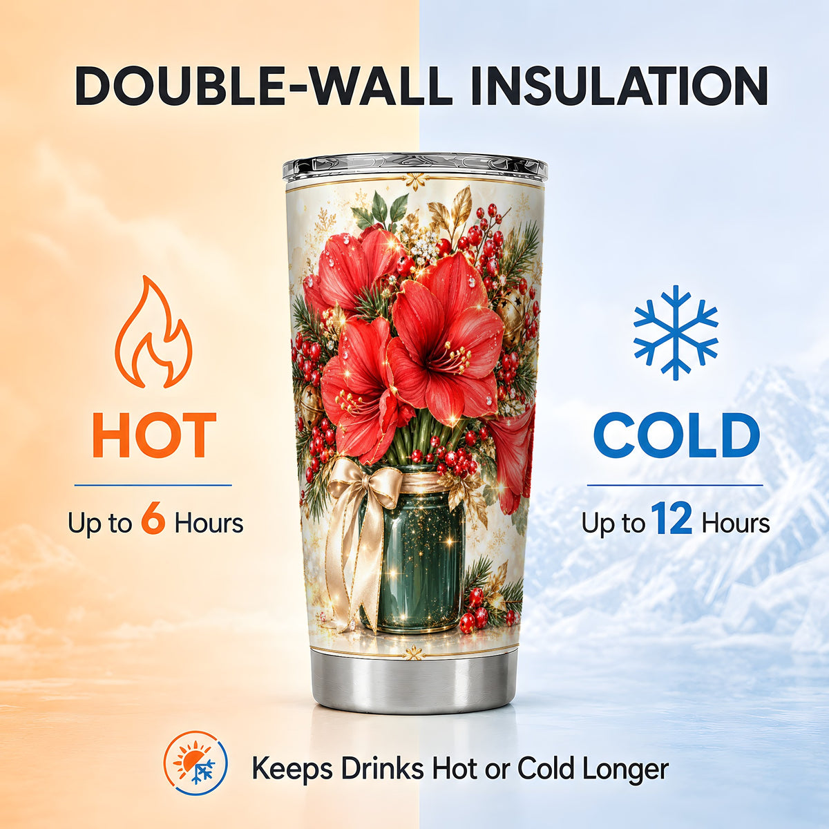 Christmas Amaryllis Tumbler 20oz, Red Floral Stainless Steel Travel Cup