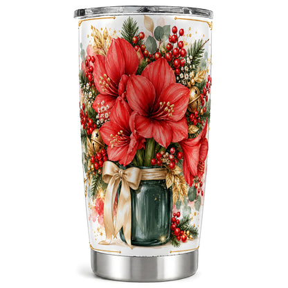Red Amaryllis Tumbler 20oz, Christmas Floral Stainless Steel Travel Cup