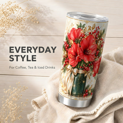 Christmas Amaryllis Tumbler 20oz, Red Floral Stainless Steel Travel Cup