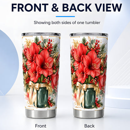 #pl[20oz|Steel] Red Amaryllis Tumbler 20oz, Christmas Floral Stainless Steel Travel Cup