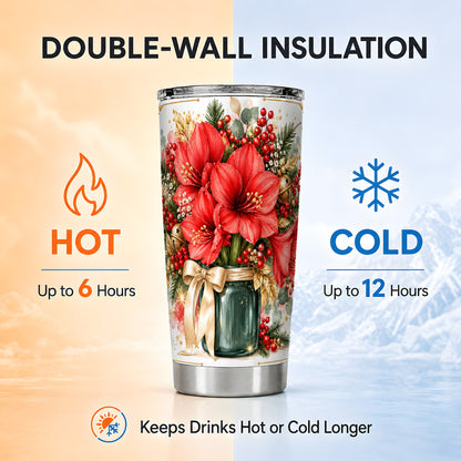 Red Amaryllis Tumbler 20oz, Christmas Floral Stainless Steel Travel Cup