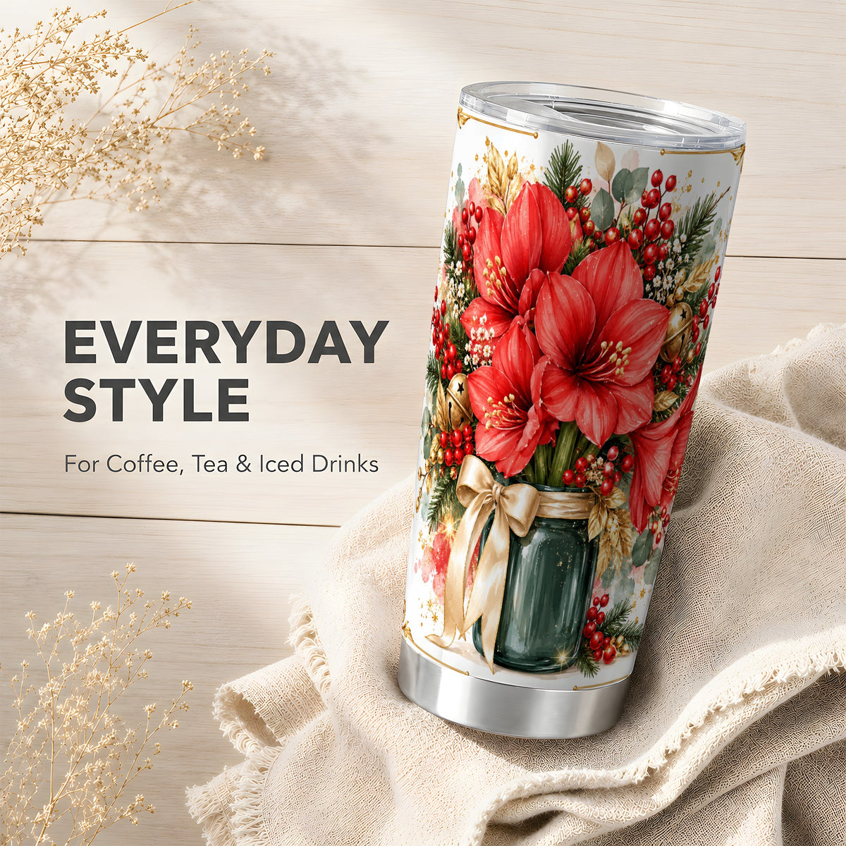 Red Amaryllis Tumbler 20oz, Christmas Floral Stainless Steel Travel Cup