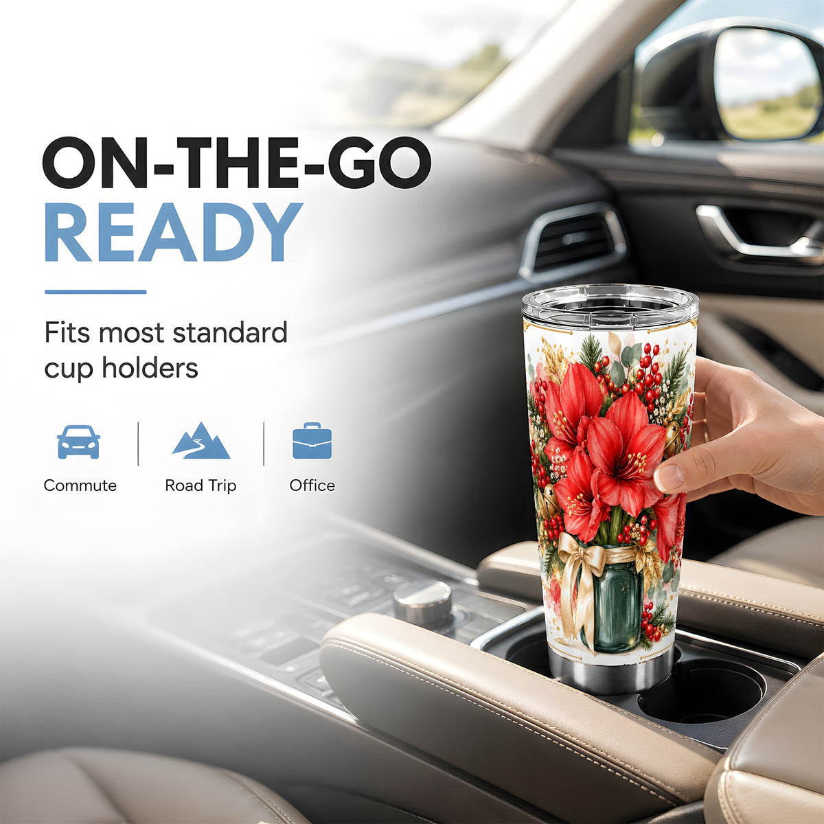 Red Amaryllis Tumbler 20oz, Christmas Floral Stainless Steel Travel Cup