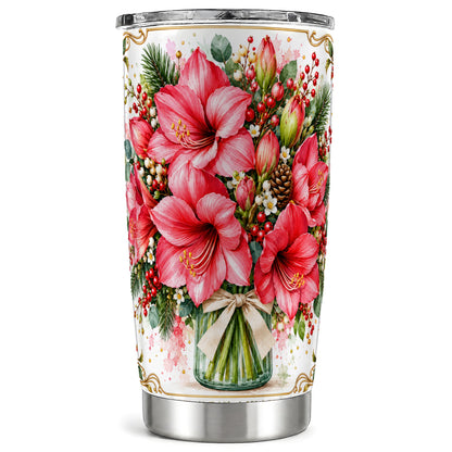 Pink Amaryllis Tumbler 20oz, Winter Floral Stainless Steel Travel Cup