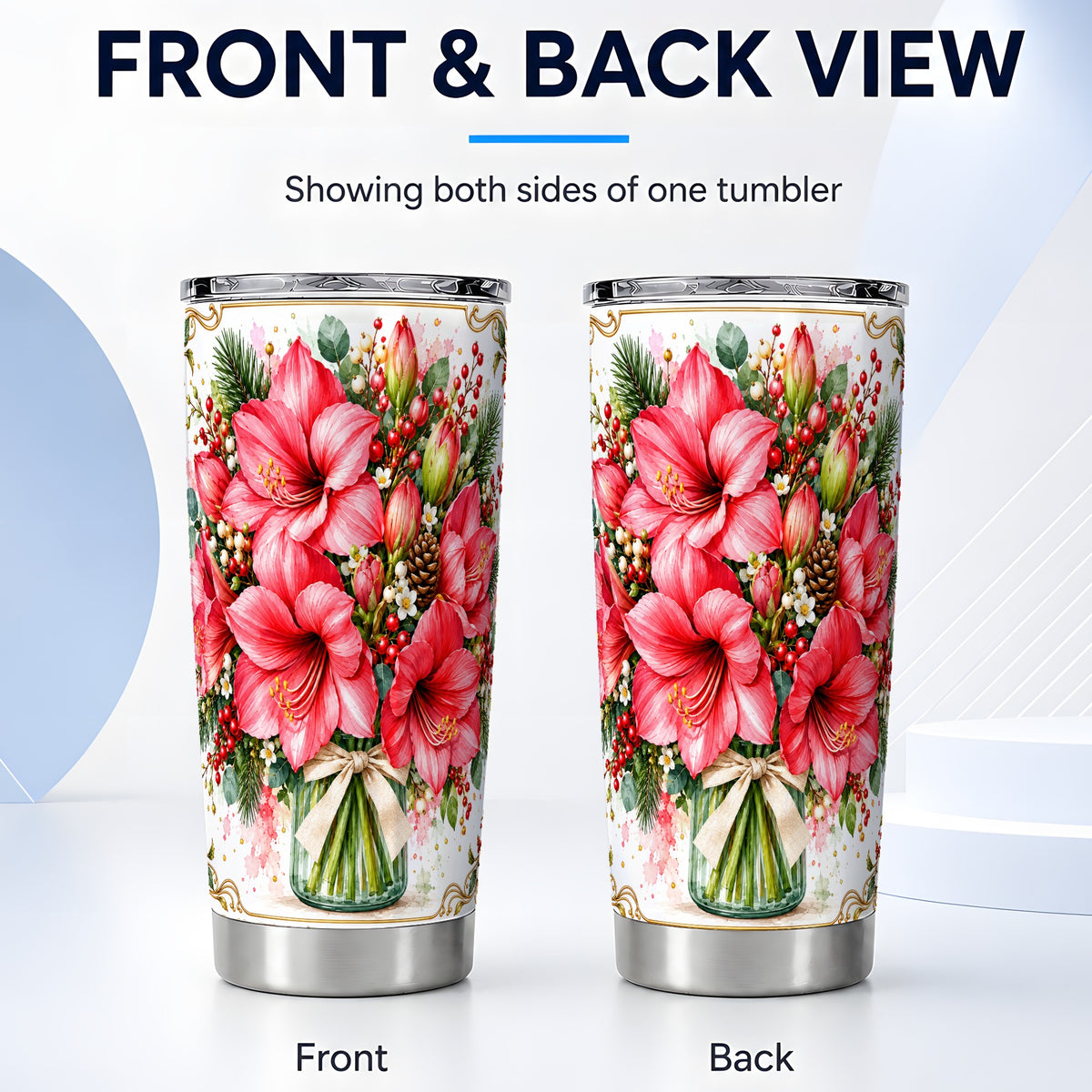 #pl[20oz|Steel] Pink Amaryllis Tumbler 20oz, Winter Floral Stainless Steel Travel Cup