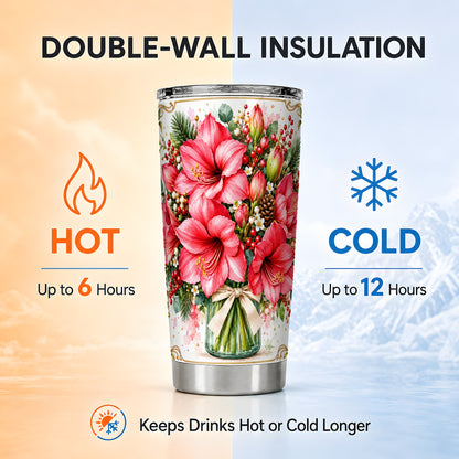 Pink Amaryllis Tumbler 20oz, Winter Floral Stainless Steel Travel Cup