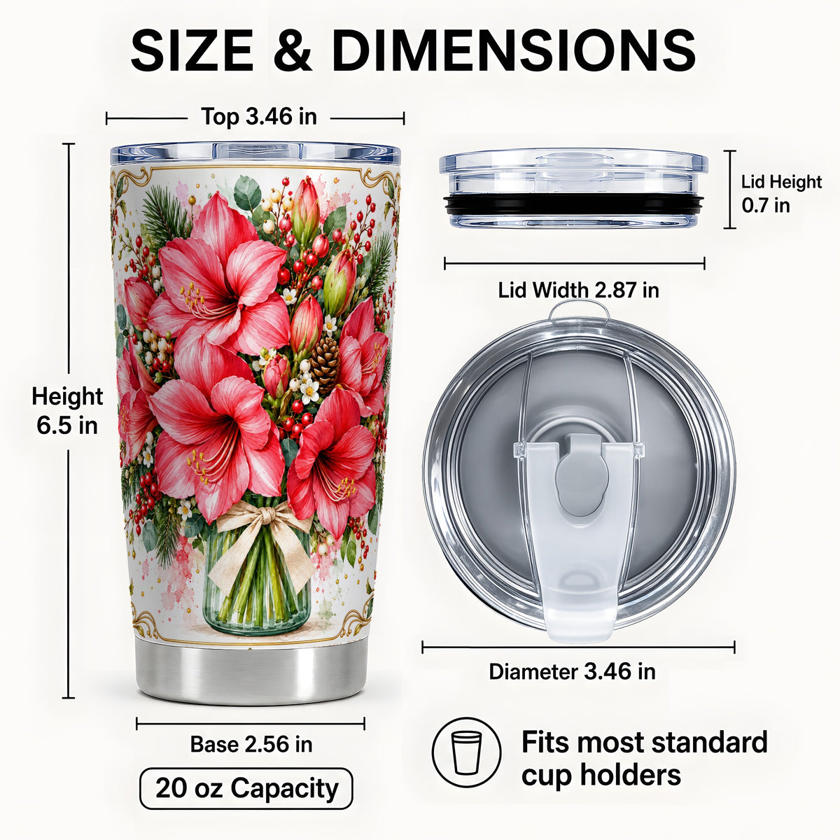 #pl[20oz|Steel] Pink Amaryllis Tumbler 20oz, Winter Floral Stainless Steel Travel Cup