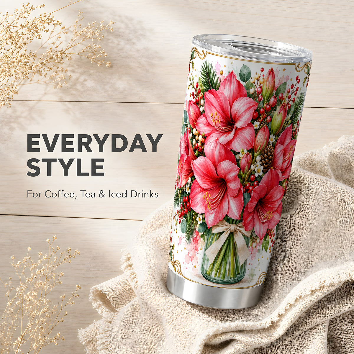 Pink Amaryllis Tumbler 20oz, Winter Floral Stainless Steel Travel Cup
