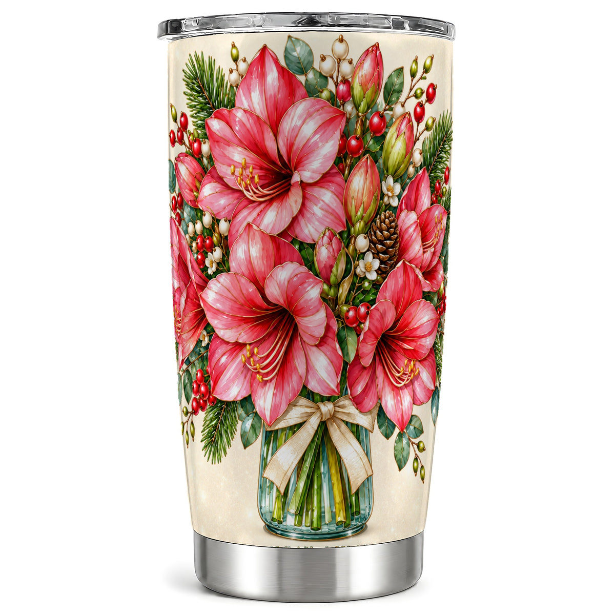 Pink Amaryllis Tumbler 20oz, Gold Floral Stainless Steel Travel Cup