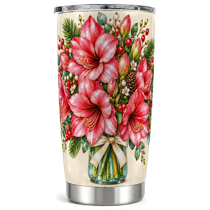 Pink Amaryllis Tumbler 20oz, Gold Floral Stainless Steel Travel Cup