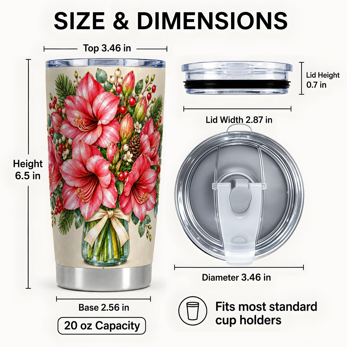 #pl[20oz|Steel] Pink Amaryllis Tumbler 20oz, Gold Floral Stainless Steel Travel Cup