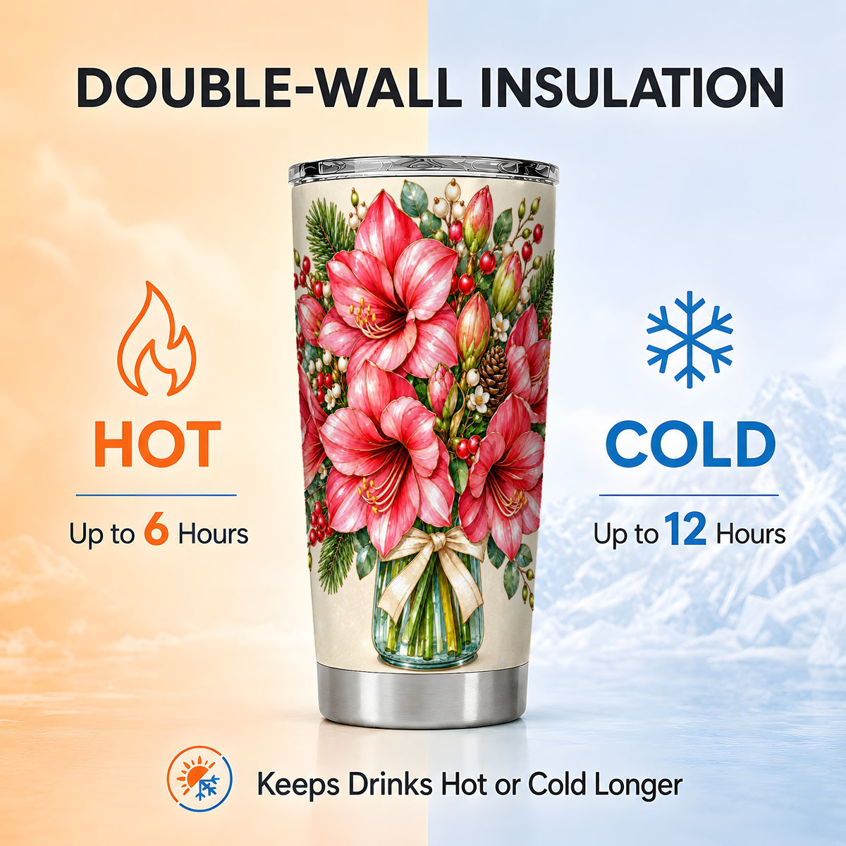 Pink Amaryllis Tumbler 20oz, Gold Floral Stainless Steel Travel Cup