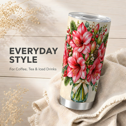 Pink Amaryllis Tumbler 20oz, Gold Floral Stainless Steel Travel Cup
