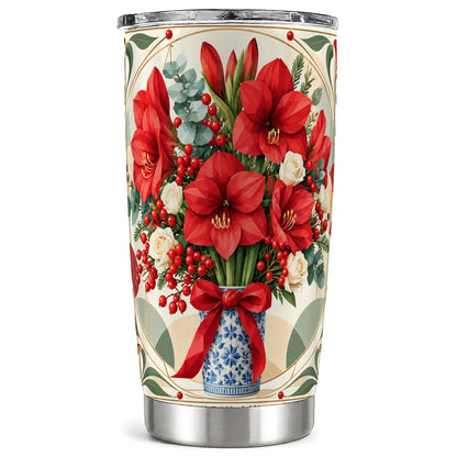 Red Amaryllis Tumbler 20oz, Vintage Floral Stainless Steel Travel Cup