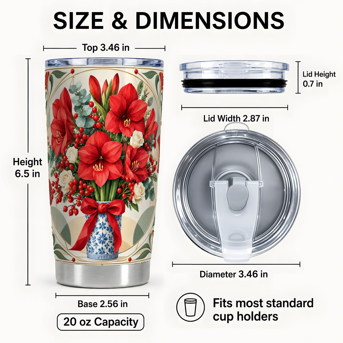 #pl[20oz|Steel] Red Amaryllis Tumbler 20oz, Vintage Floral Stainless Steel Travel Cup