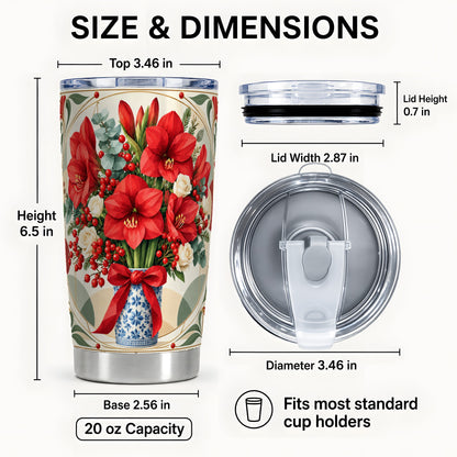 #pl[20oz|Steel] Red Amaryllis Tumbler 20oz, Vintage Floral Stainless Steel Travel Cup