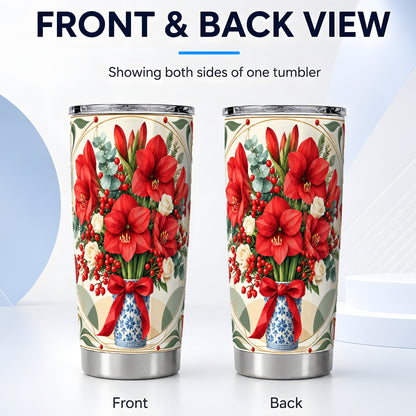 #pl[20oz|Steel] Red Amaryllis Tumbler 20oz, Vintage Floral Stainless Steel Travel Cup