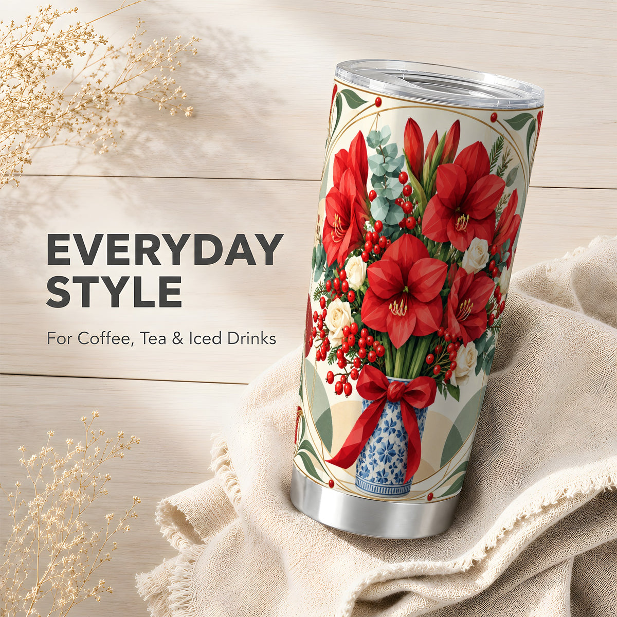 Red Amaryllis Tumbler 20oz, Vintage Floral Stainless Steel Travel Cup