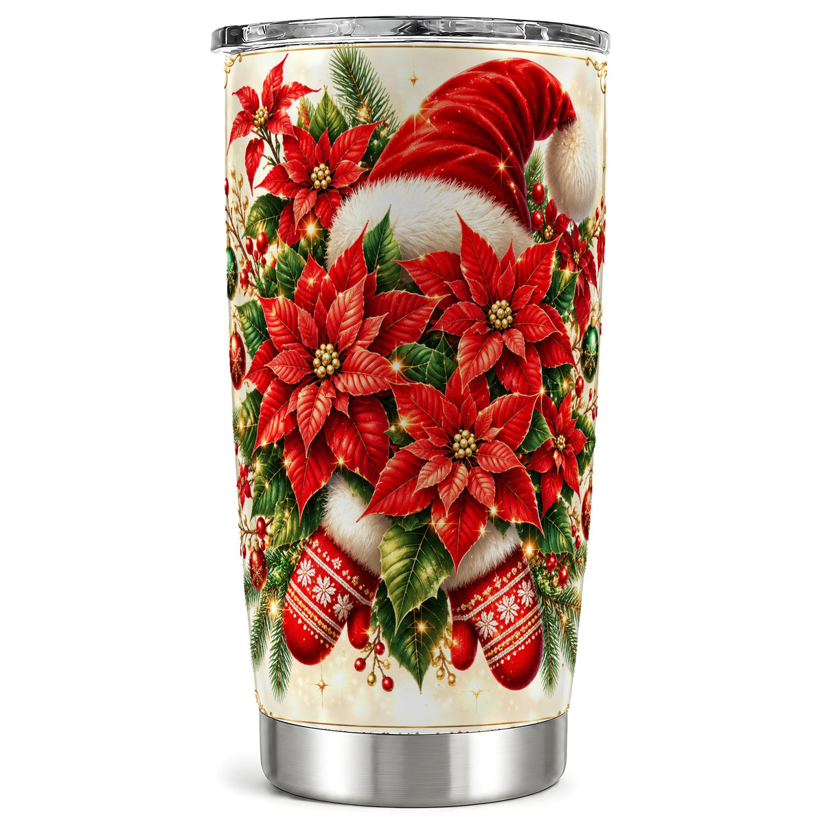 Christmas Poinsettia Tumbler 20oz, Santa Hat Stainless Steel Travel Cup