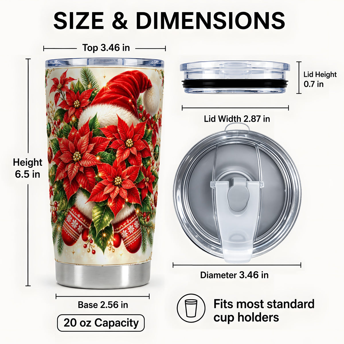 #pl[20oz|Steel] Christmas Poinsettia Tumbler 20oz, Santa Hat Stainless Steel Travel Cup